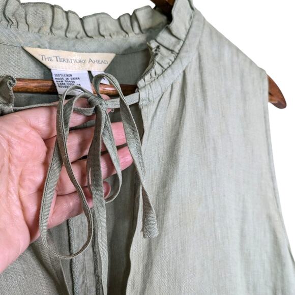 The Territory Ahead 100% Linen Ruffle V Neck Sleeveless Dress Green Flowy 14 - Picture 5 of 9